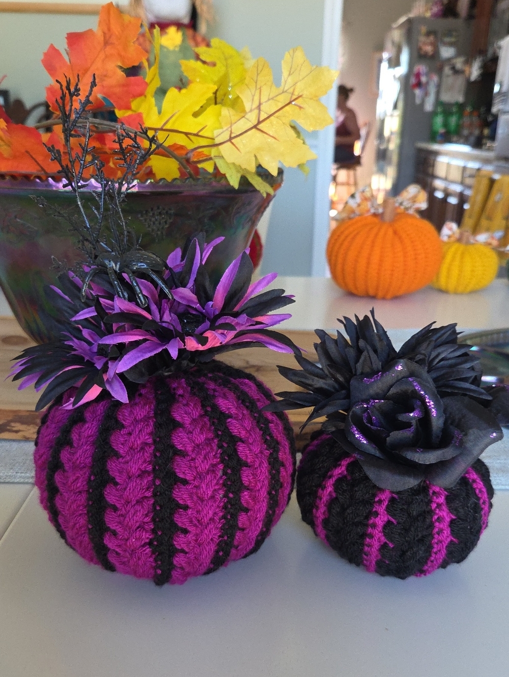Handcrafted Black and Purple Knit Decorative Pumpkins - Artisan Home Accents